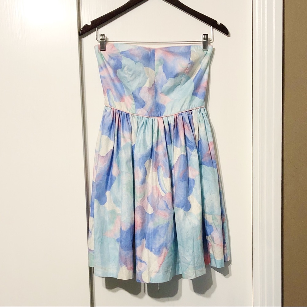 Pastel Watercolor Patterned Strapless Flared Dress